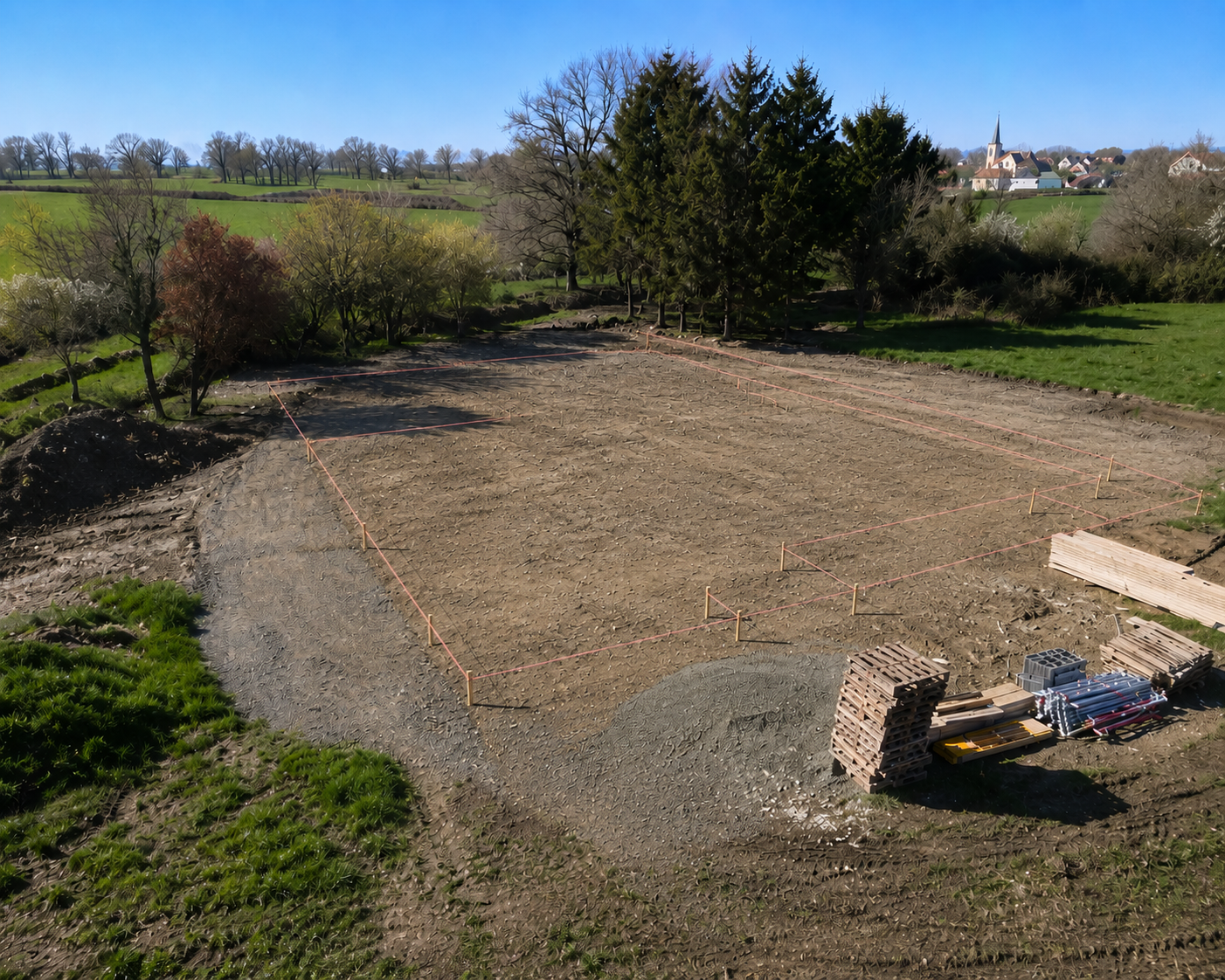 Maçon Allier - implantation du bâtiment avec piquets et cordeaux